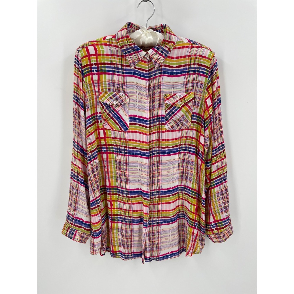 CAbi Womens Large Multicolor Plaid Rayon Button Down Shirt Roll Tab Sleeve 797